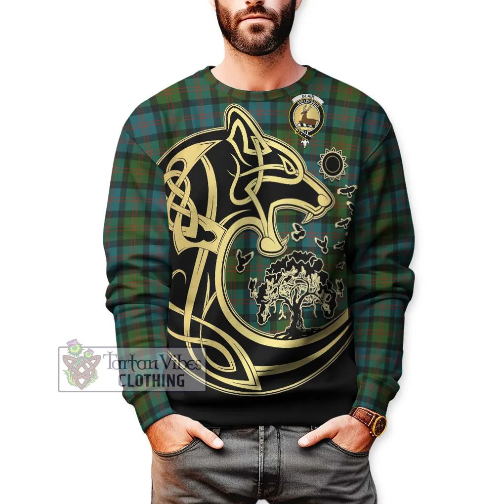 Blair Ancient Tartan Sweatshirt with Family Crest Celtic Wolf Style