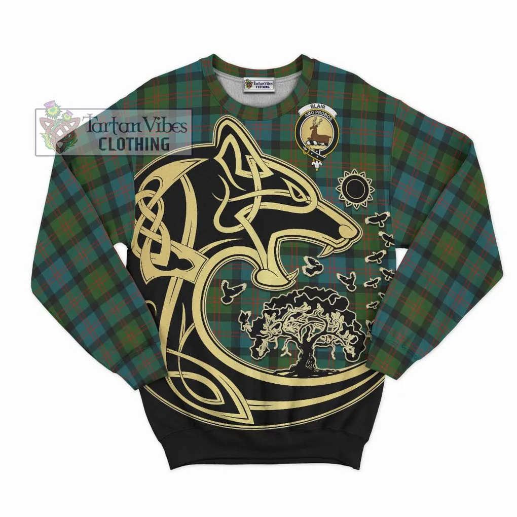 Blair Ancient Tartan Sweatshirt with Family Crest Celtic Wolf Style