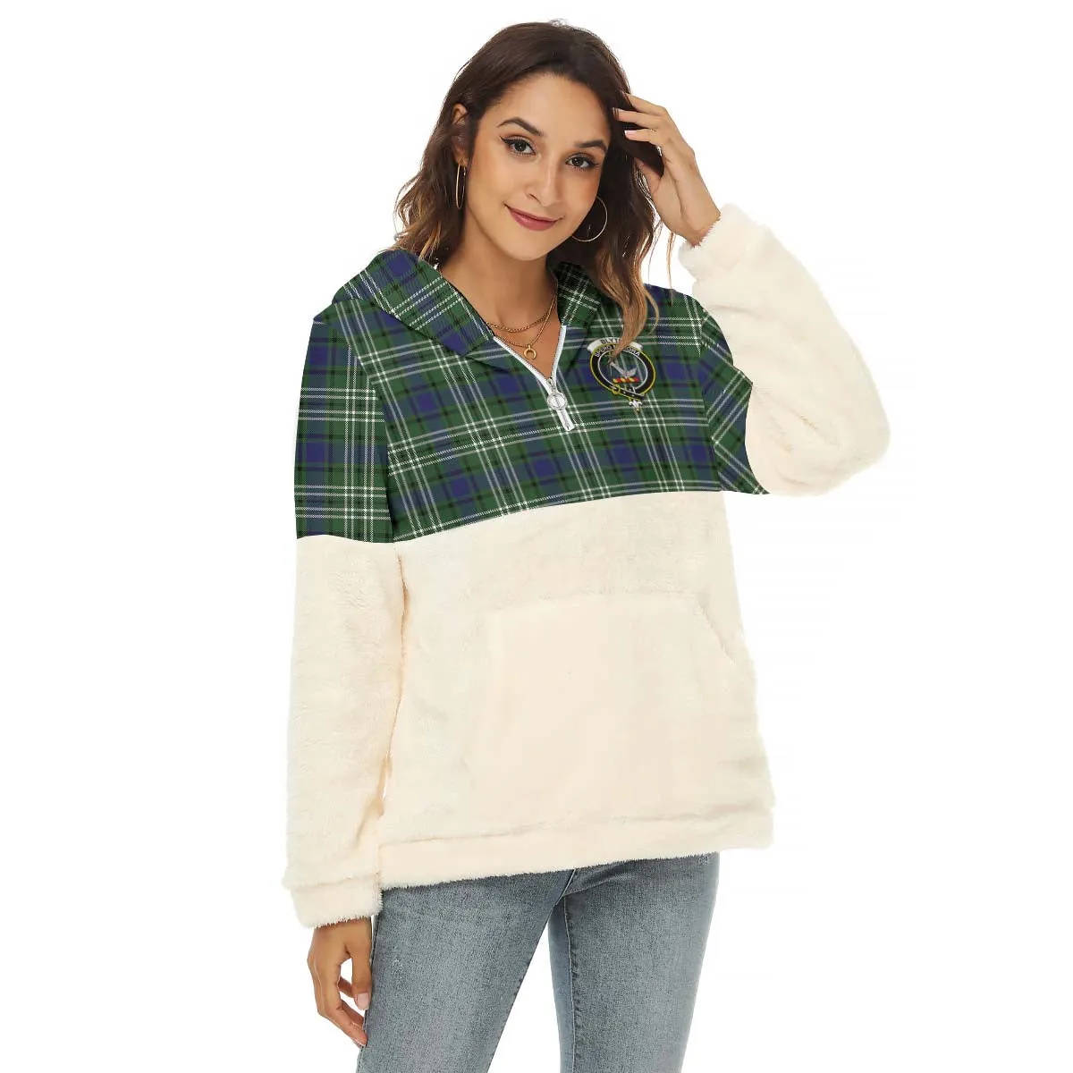 Blyth Tartan Women's Borg Fleece Hoodie With Half Zip with Family Crest