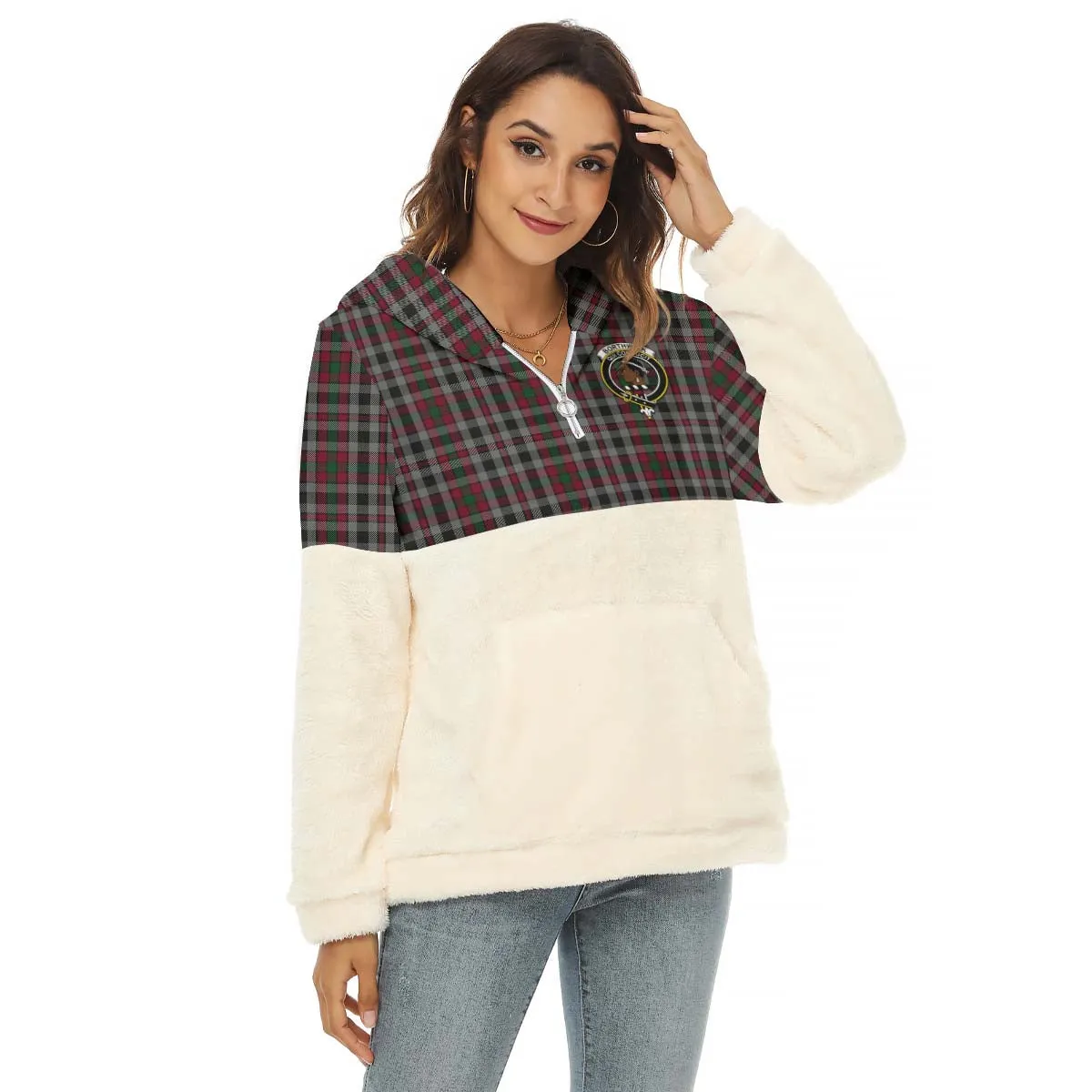 Borthwick Tartan Women's Borg Fleece Hoodie With Half Zip with Family Crest