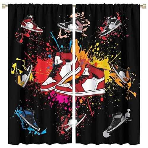 Boys Sports Curtains Sneaker Shoes Aesthetic Cool Colorful Graffiti Bedroom Window Drapes for Teen Kids Printed Living Room Window Treatment Fabric 2 Panels 84Wx84H Inch Blackout