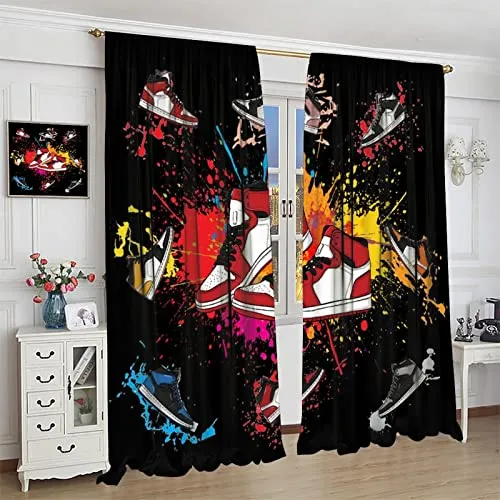 Boys Sports Curtains Sneaker Shoes Aesthetic Cool Colorful Graffiti Bedroom Window Drapes for Teen Kids Printed Living Room Window Treatment Fabric 2 Panels 84Wx84H Inch Blackout