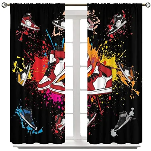 Boys Sports Curtains Sneaker Shoes Aesthetic Cool Colorful Graffiti Bedroom Window Drapes for Teen Kids Printed Living Room Window Treatment Fabric 2 Panels 84Wx84H Inch Blackout