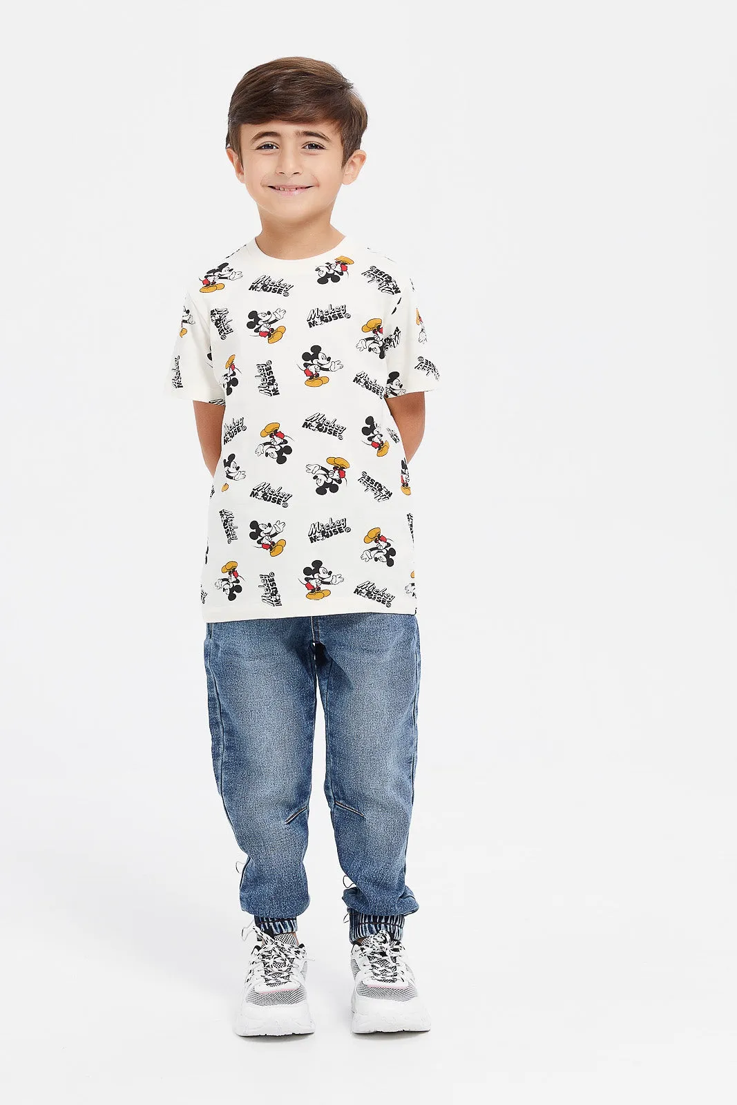 Boys White And Mustard Mickey Mouse T-Shirt Set (2 Piece)