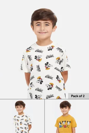 Boys White And Mustard Mickey Mouse T-Shirt Set (2 Piece)