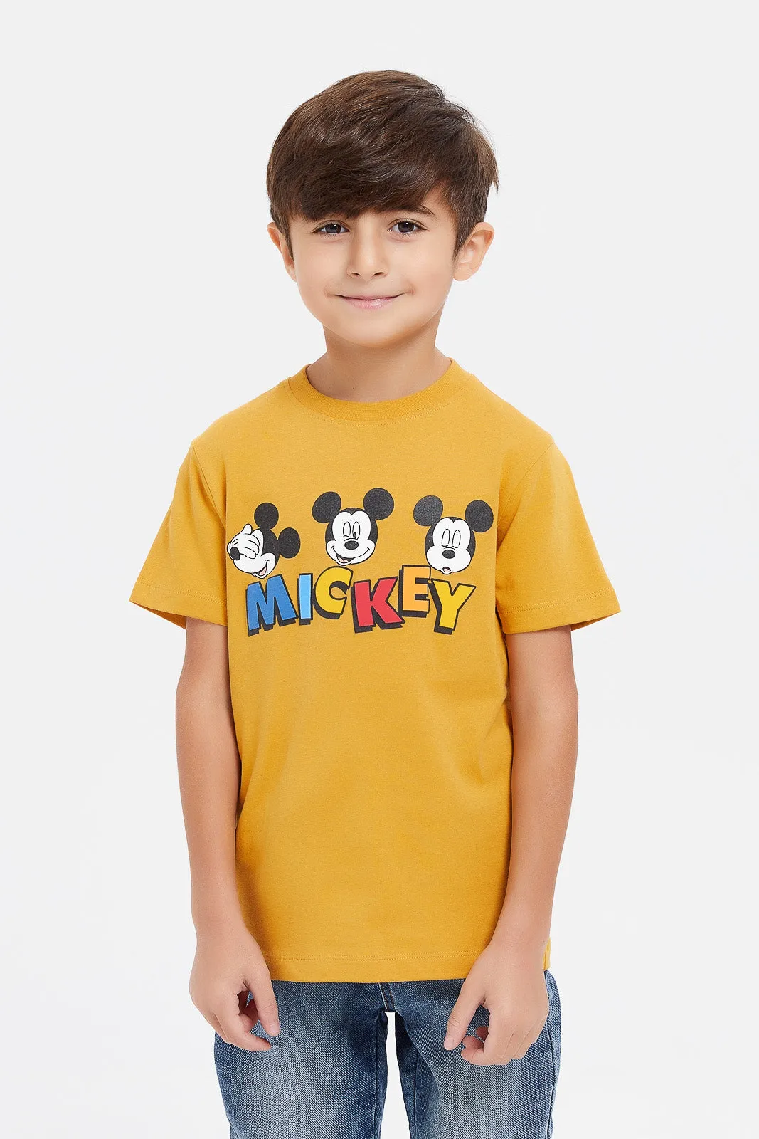 Boys White And Mustard Mickey Mouse T-Shirt Set (2 Piece)