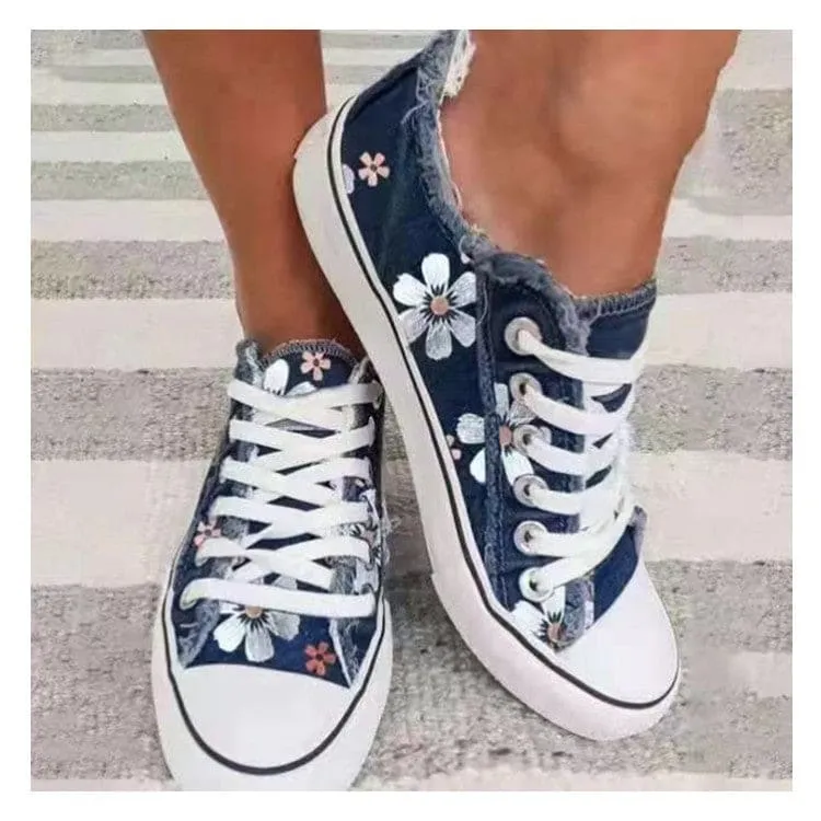 Breathable Floral Lace-Up Canvas Skate Shoes