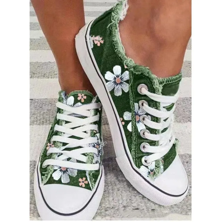 Breathable Floral Lace-Up Canvas Skate Shoes