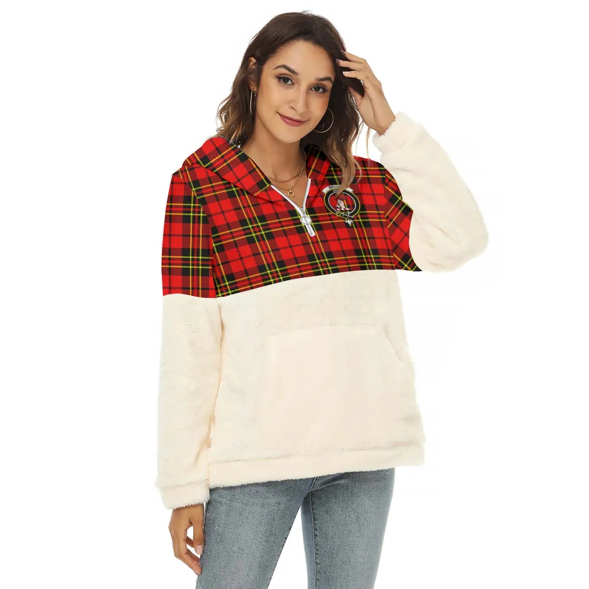 Brodie Modern Tartan Women's Borg Fleece Hoodie With Half Zip with Family Crest