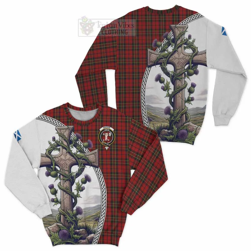 Brodie Tartan Sweatshirt with Family Crest and St. Andrew's Cross Accented by Thistle Vines