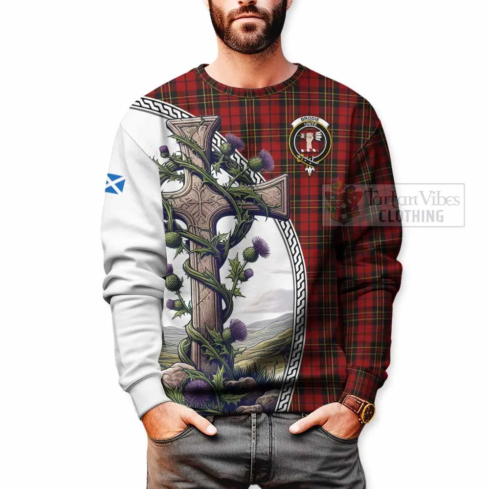 Brodie Tartan Sweatshirt with Family Crest and St. Andrew's Cross Accented by Thistle Vines