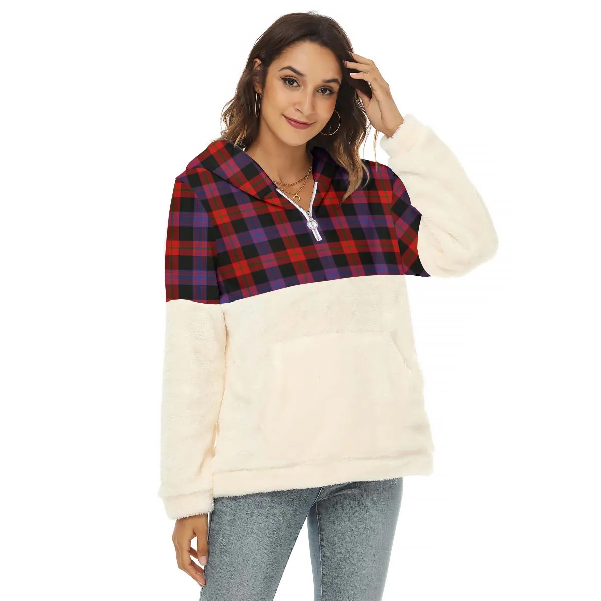 Broun Modern Tartan Women's Borg Fleece Hoodie With Half Zip