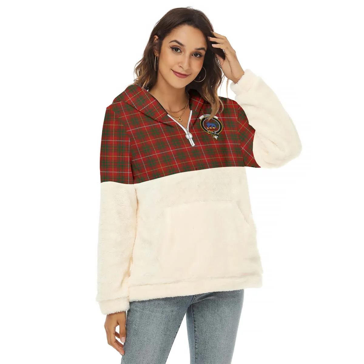 Bruce Tartan Women's Borg Fleece Hoodie With Half Zip with Family Crest