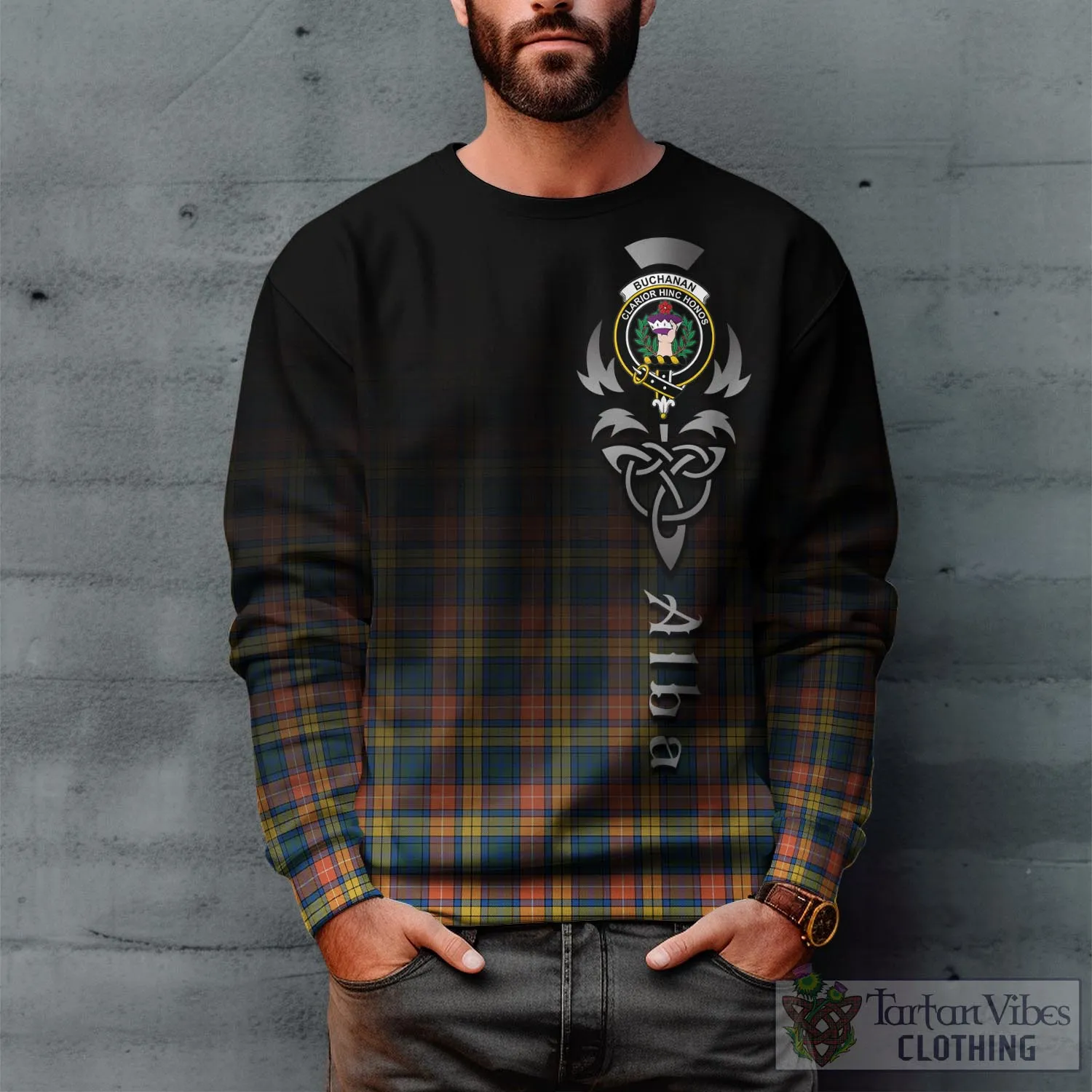 Buchanan Ancient Tartan Sweatshirt Featuring Alba Gu Brath Family Crest Celtic Inspired