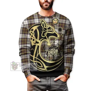 Burns Battalion Weathered Tartan Sweatshirt with Family Crest Celtic Wolf Style