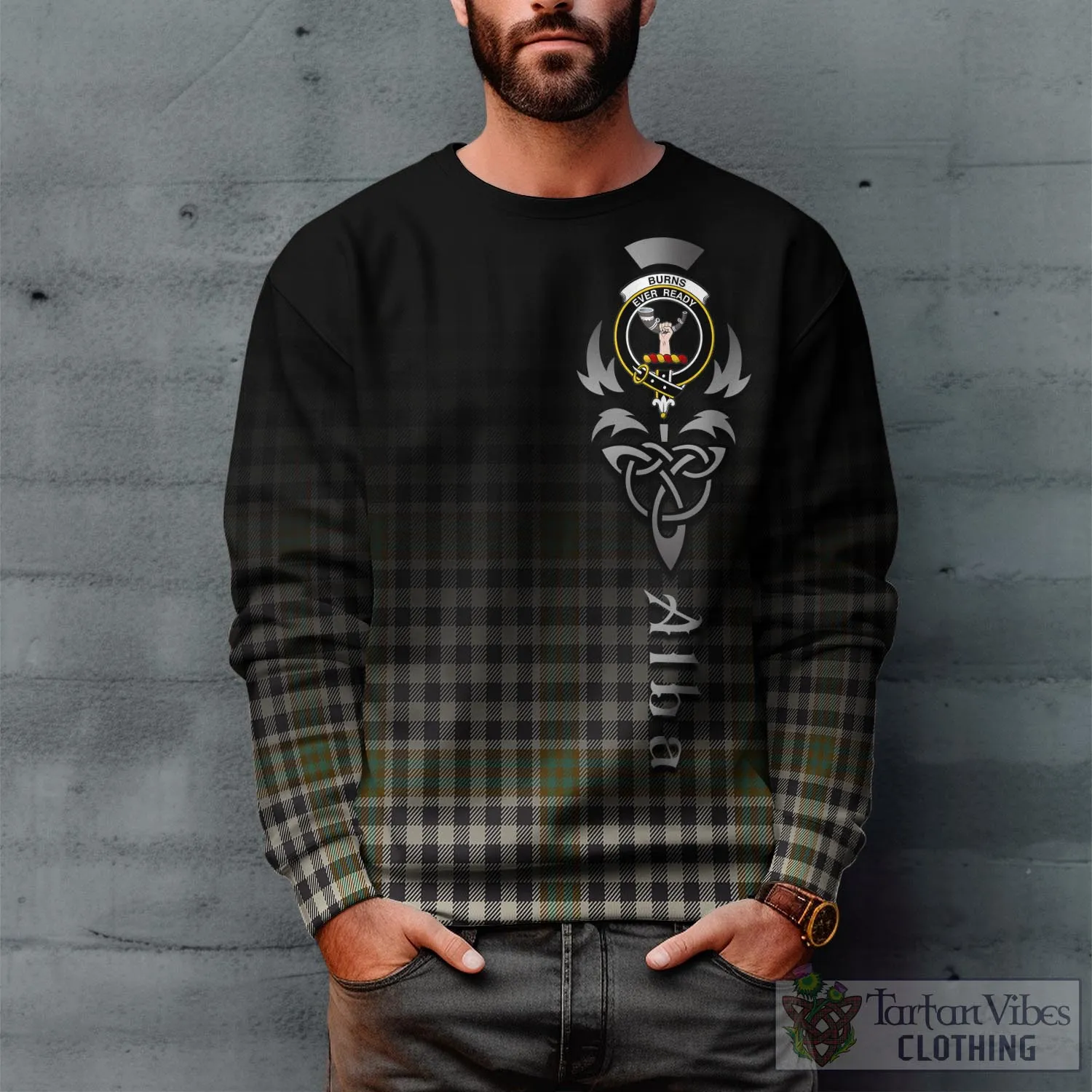 Burns Check Tartan Sweatshirt Featuring Alba Gu Brath Family Crest Celtic Inspired