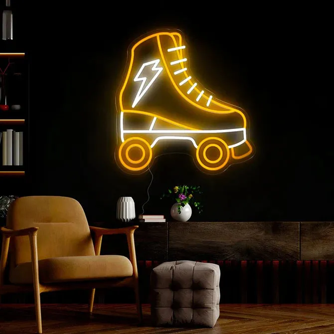 Classic Roller Skate Neon Sign – Vibrant Yellow and White with Lightning Bolt Accent for Roller Rinks, Skate Shops, and Home Décor