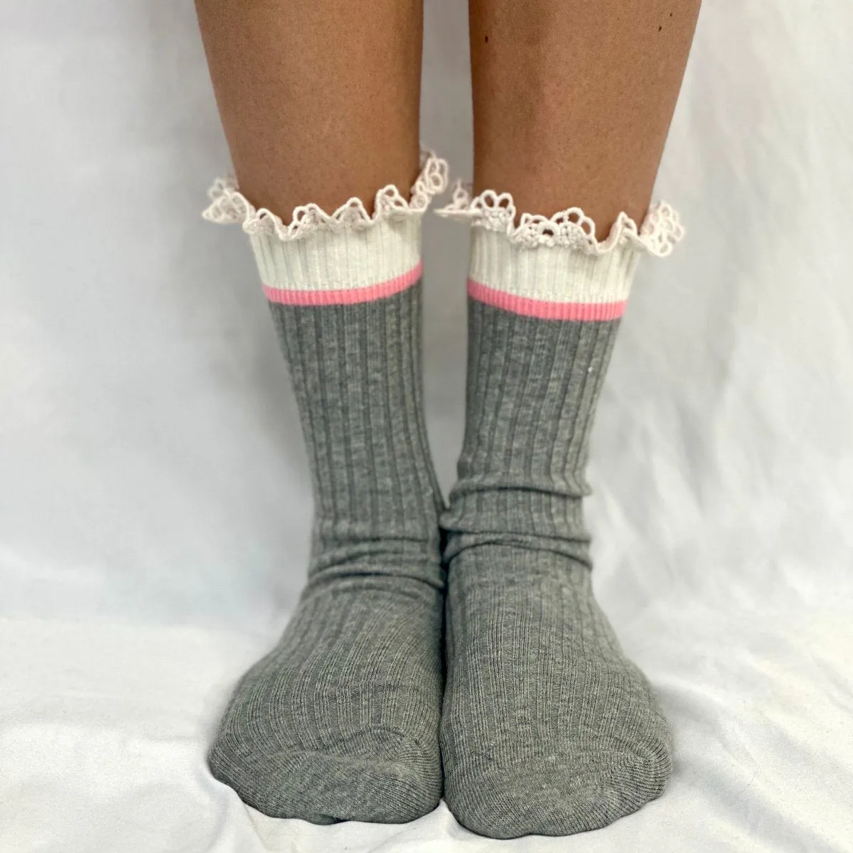 COLOR BLOCK crew socks women's - grey pink