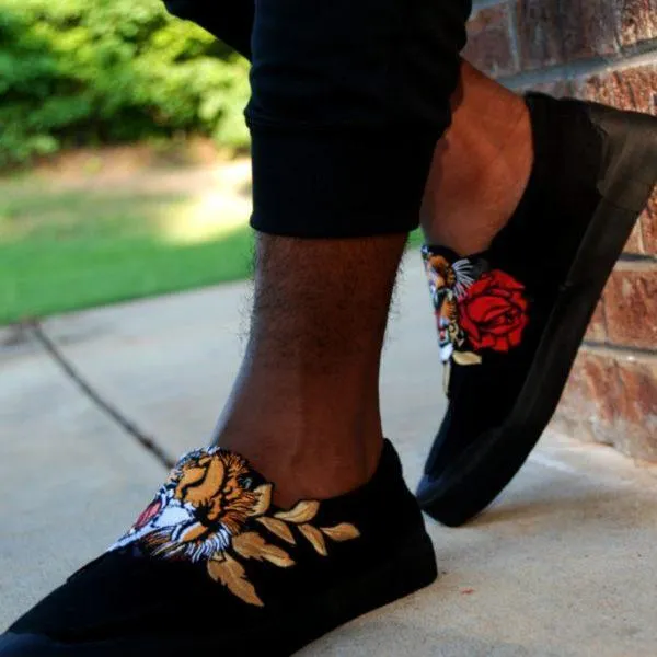 Custom Embroidered Smooth Black Tiger Rose Bani Brand Canvas Slip On Sneakers