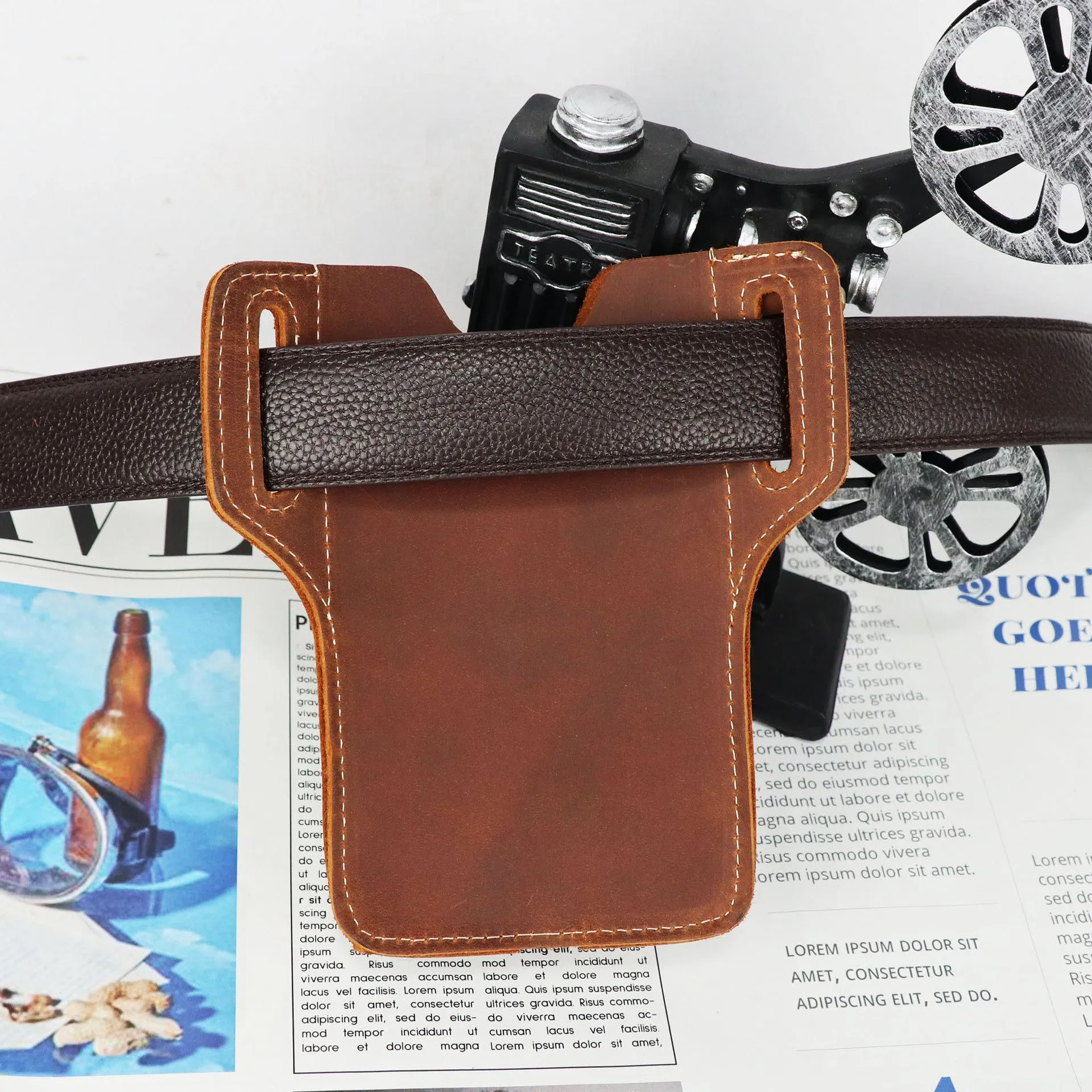 DUNNMALL Suohu Genuine Leather Men's Belt Bag Business Retro Crazy Horse Leather Belt Multifunctional Outdoor Sports Phone Waist Bag