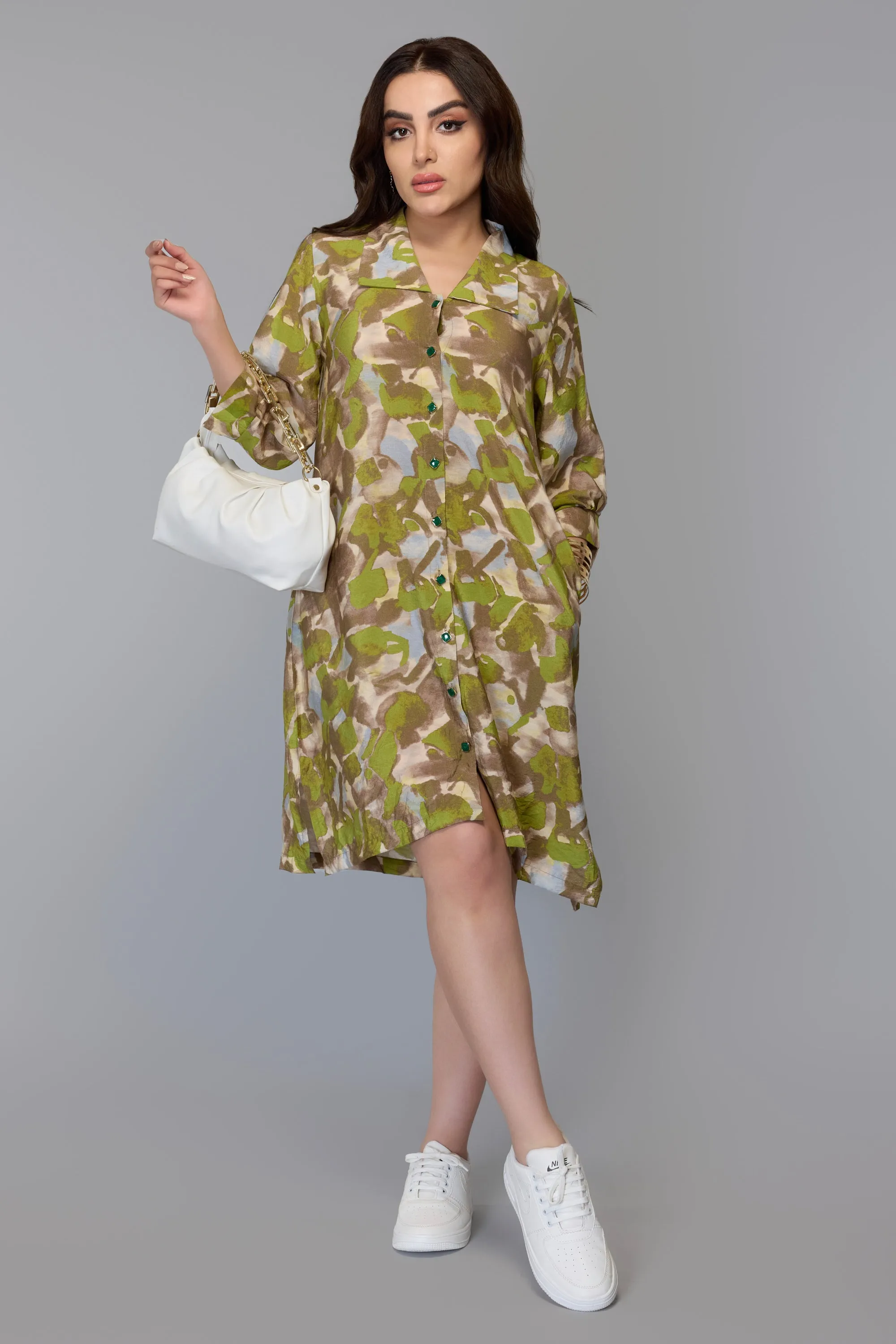 Earthy Brushstroke Shirt Dress