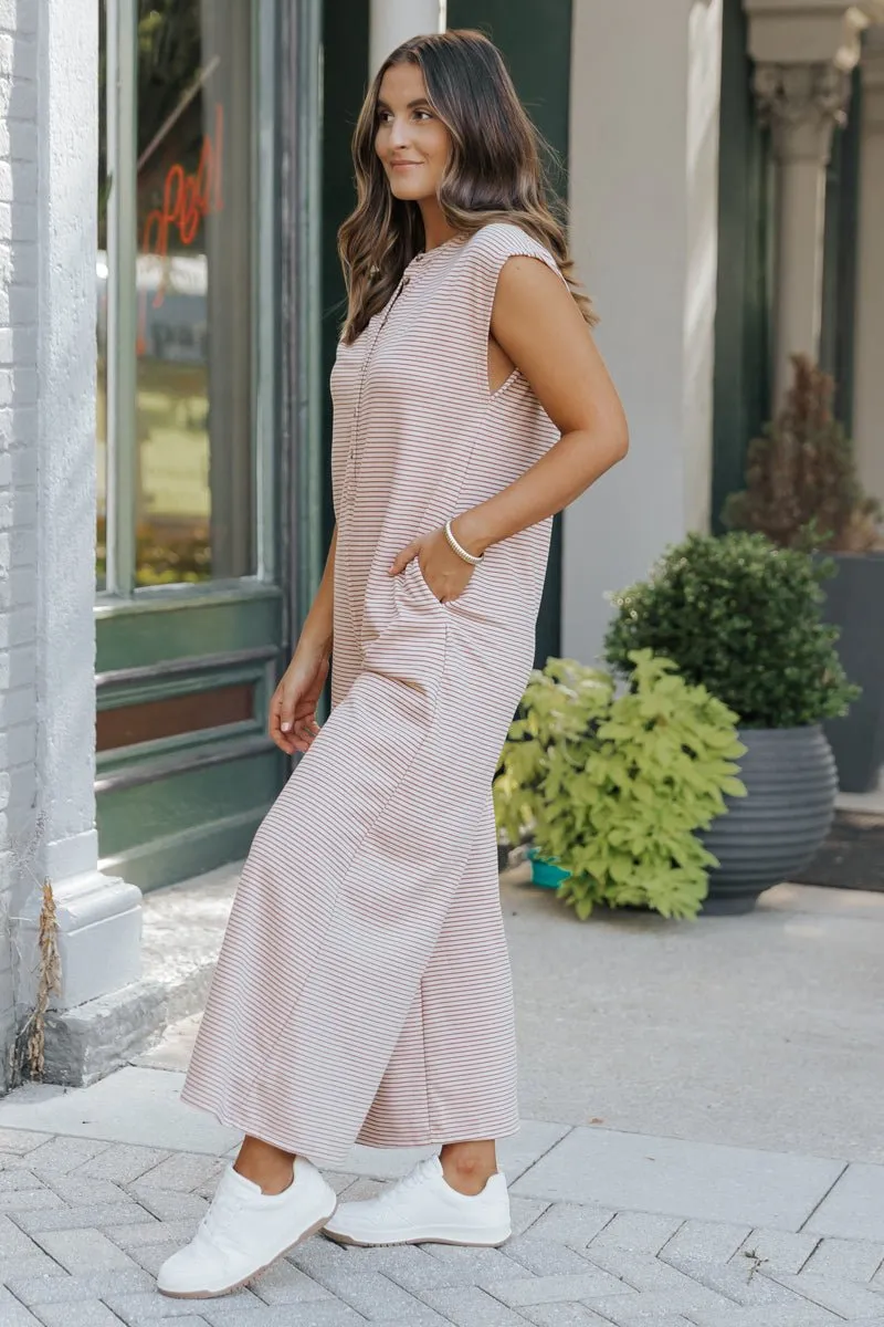 Fall Picnic Striped Wide Leg Jumpsuit - Taupe - FINAL SALE