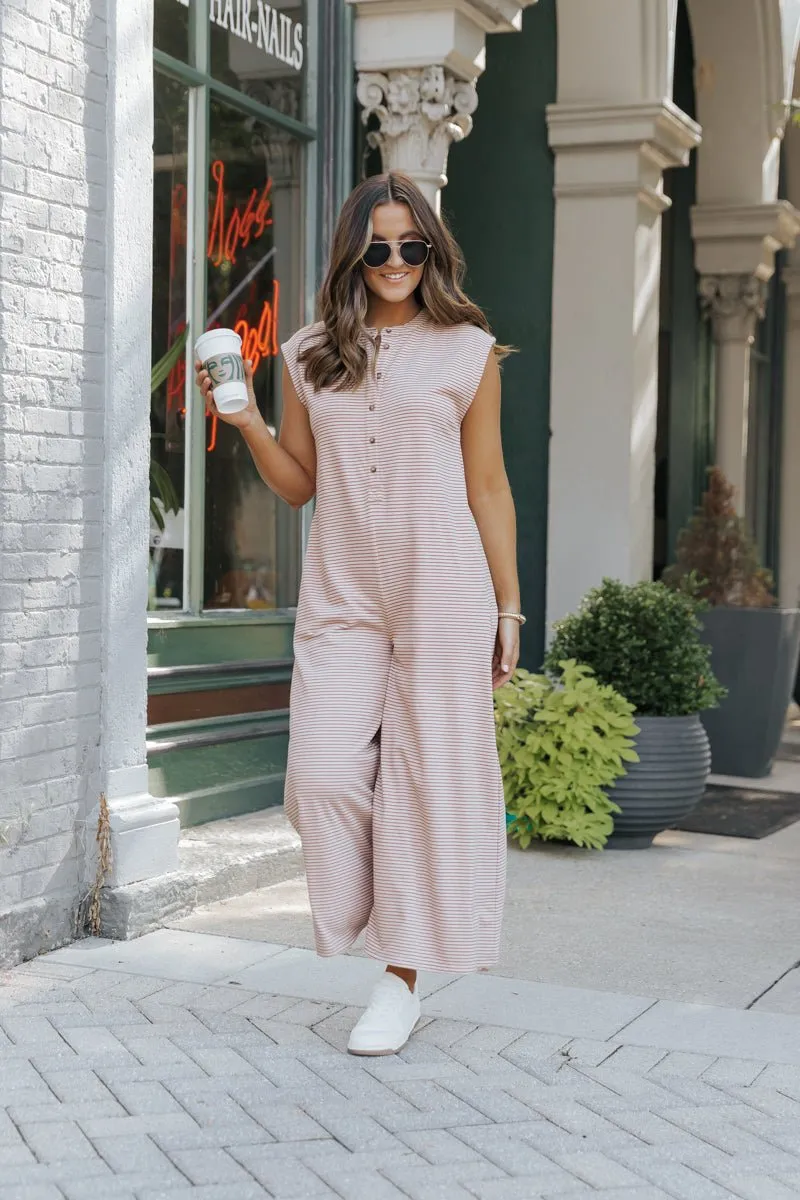 Fall Picnic Striped Wide Leg Jumpsuit - Taupe - FINAL SALE