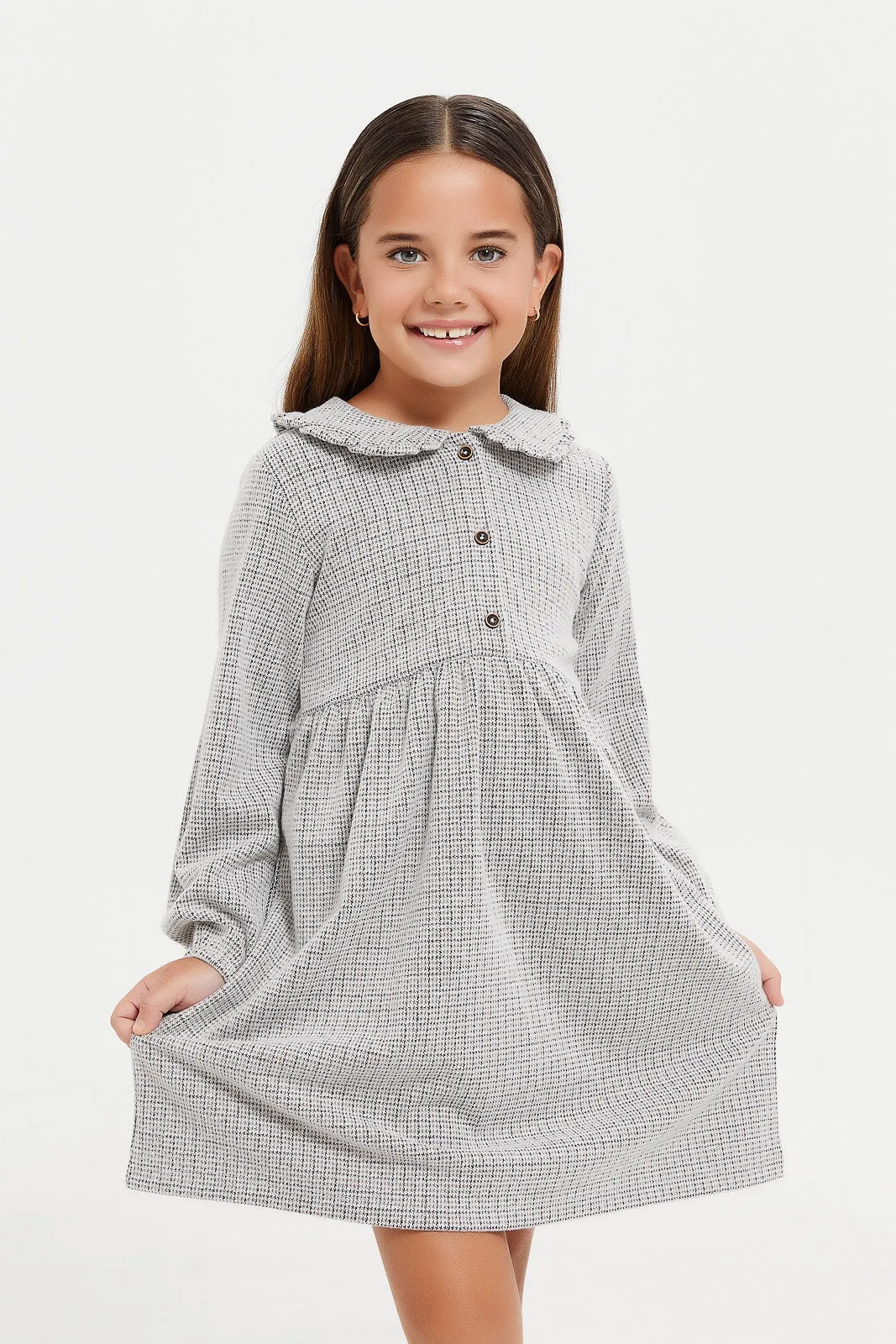 Girls Beige Jacquard Dress