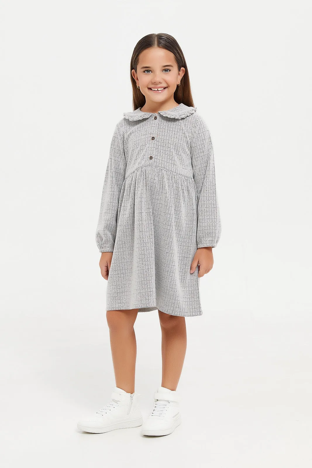 Girls Beige Jacquard Dress