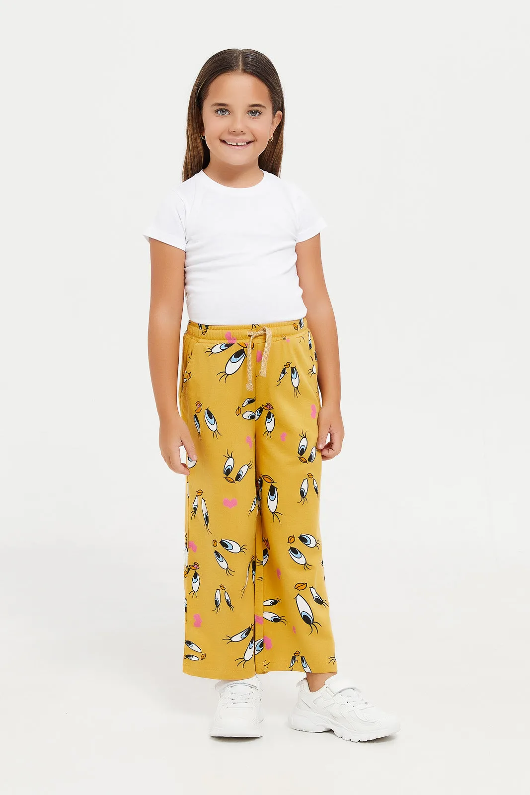 Girls Mustard Tweety Printed Track Pant