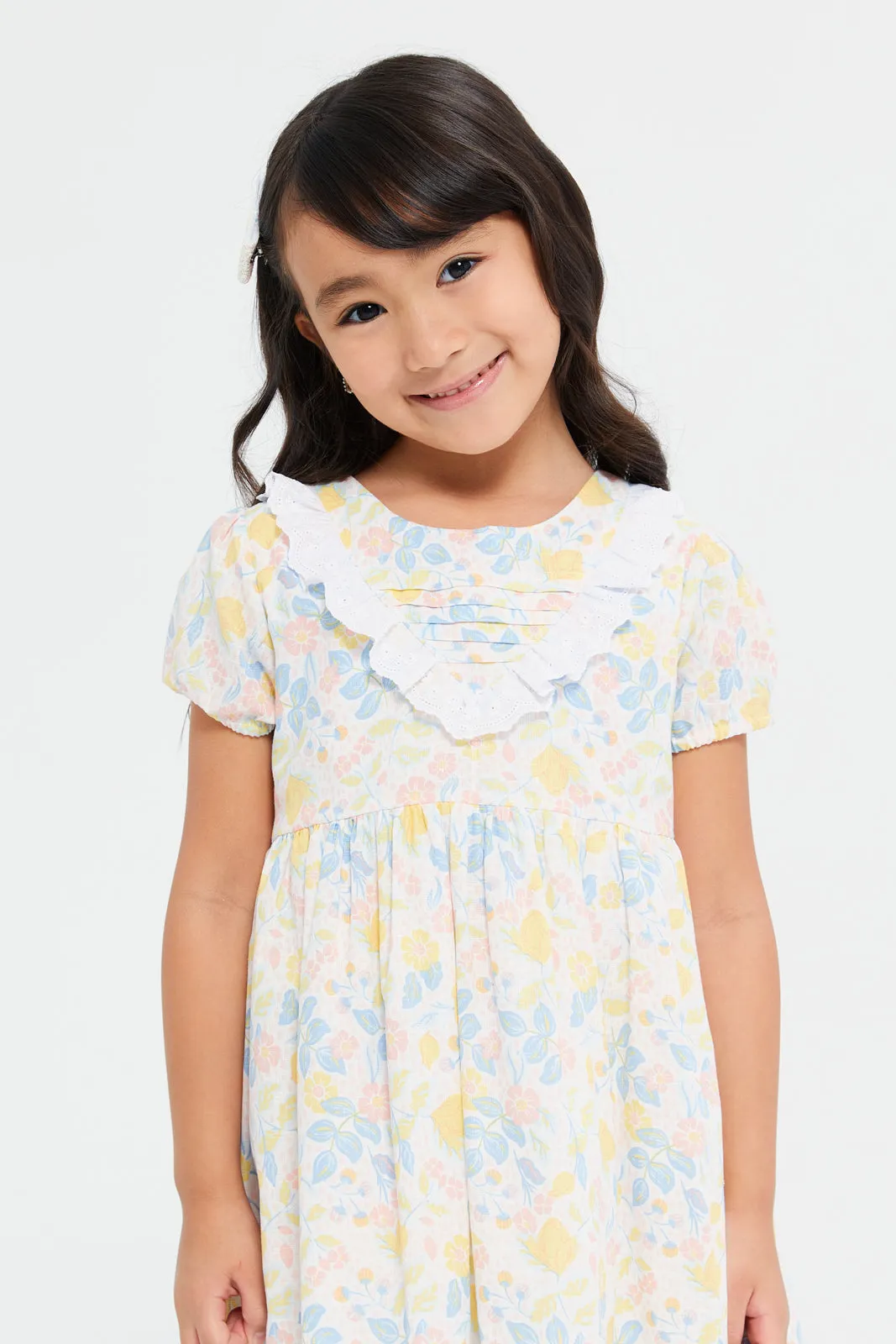 Girls White Printed Lace Dress