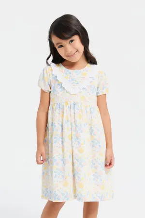 Girls White Printed Lace Dress