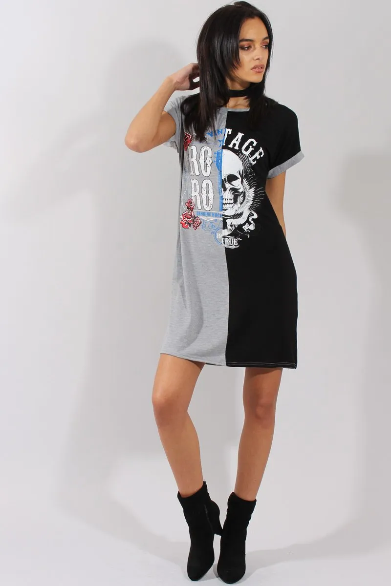 Grey and Black Slogan Print T-Shirt Dress - Harrlet