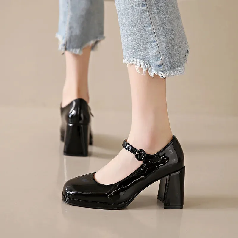 Hnzxzm 2024 New Platform Mary Jane Shoes Women High Heel Party Lolita Shoes Chunky Heel Ladies' Shoes Square Headed High Heels Women