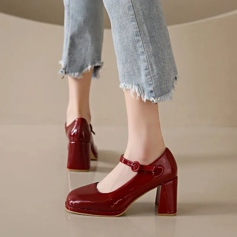 Hnzxzm 2024 New Platform Mary Jane Shoes Women High Heel Party Lolita Shoes Chunky Heel Ladies' Shoes Square Headed High Heels Women