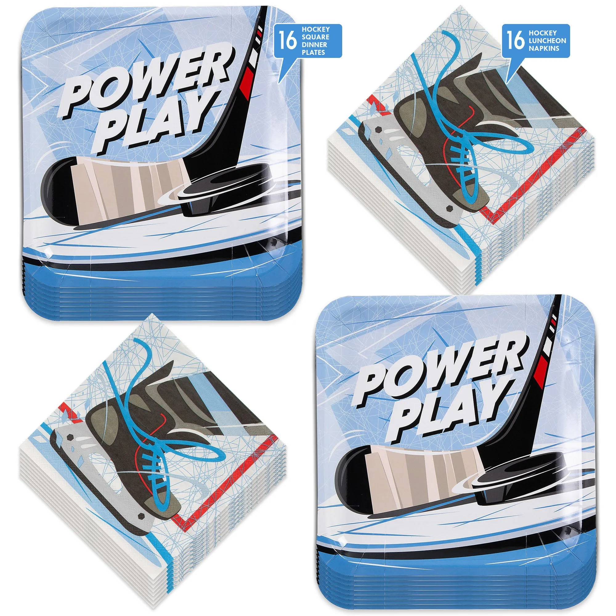 Hockey Party Supplies - Power Play Paper Plates Skate and Ice Skate Napkins (Serves 16)