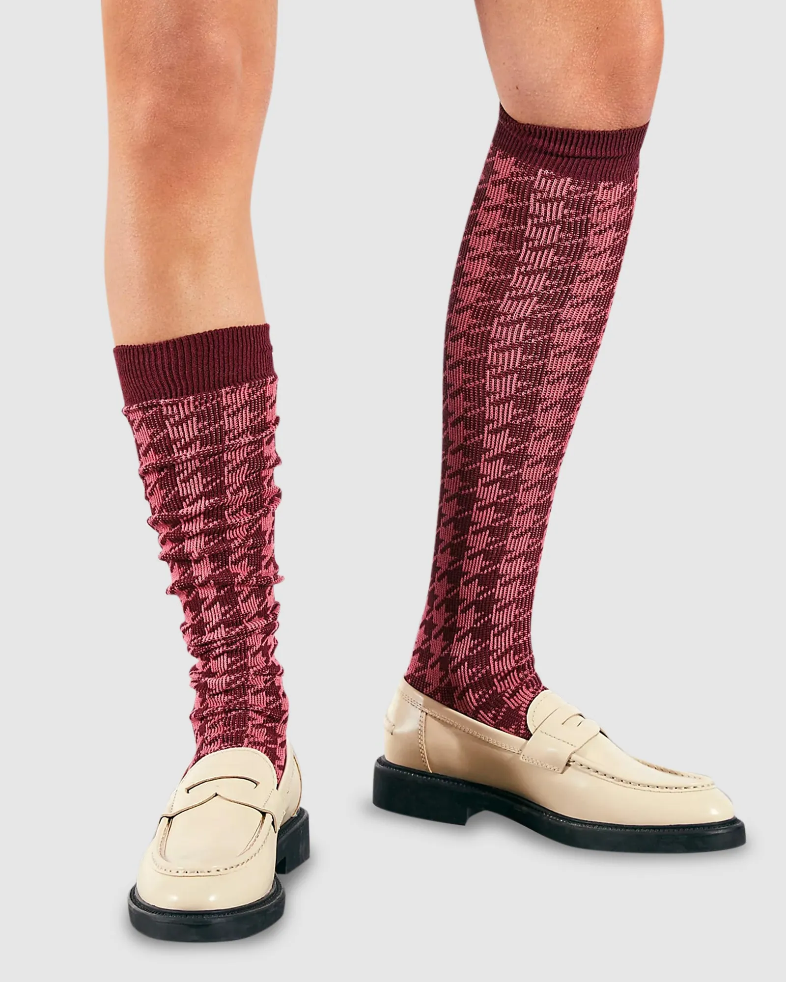 Houndstooth Knee High Socks - Rasberry