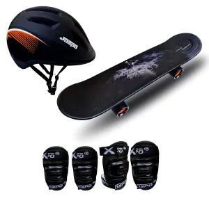 jaspo Vinyl Power Kids 26"X6" Inches Fiber Skateboard And Helmet, Knee&Elbow Guard For Beginners Boys&Girls (6 Years&Above) (Black Colour) (Intact)