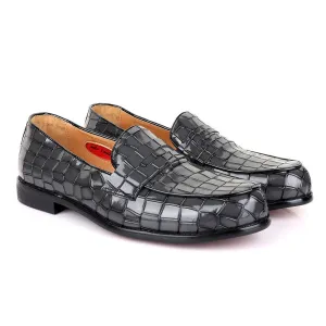 John Foster Croc Glossy Grey Leather Shoe