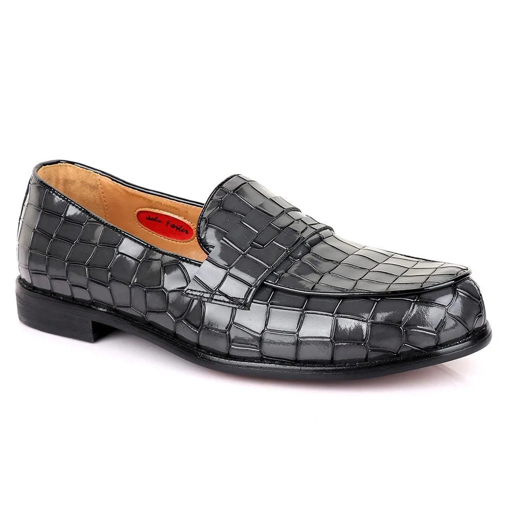 John Foster Croc Glossy Grey Leather Shoe