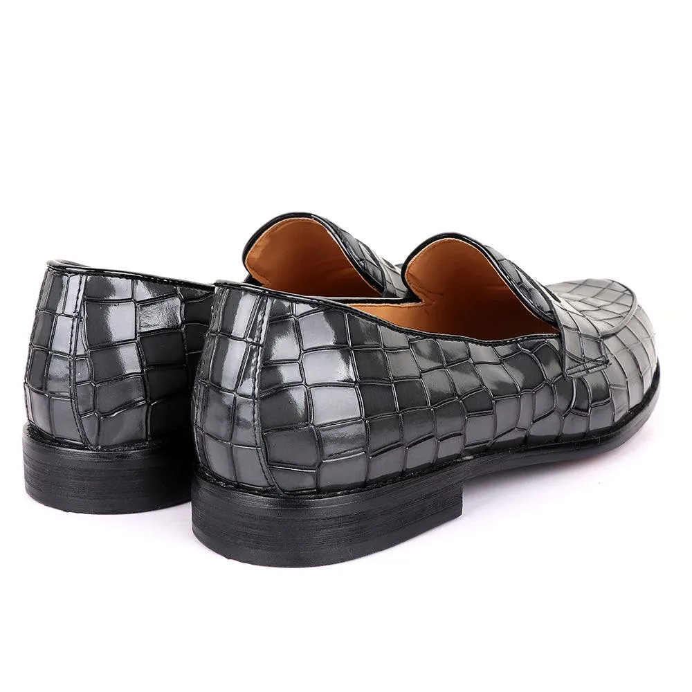 John Foster Croc Glossy Grey Leather Shoe