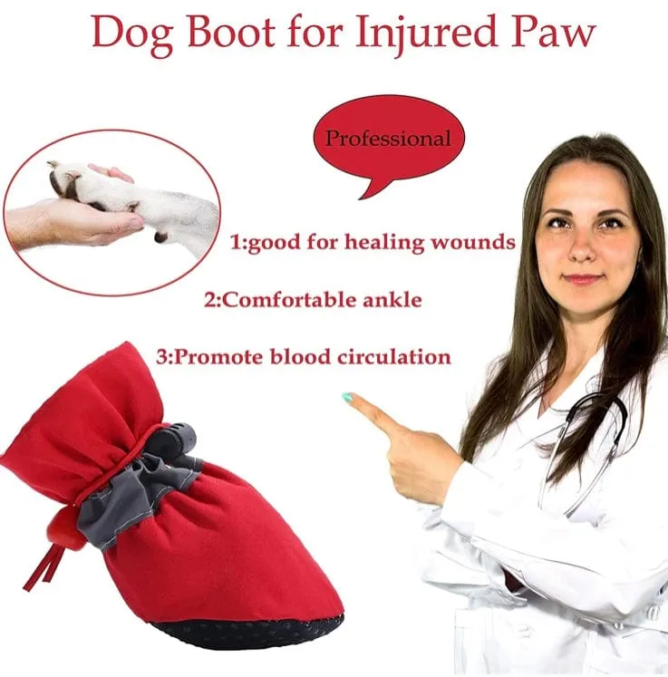 KUTKUT Dog Boots Paw Protector | Pack of 4pcs Anti-Slip Dog Shoes with Reflective Straps for Small Breed Dogs (Red)