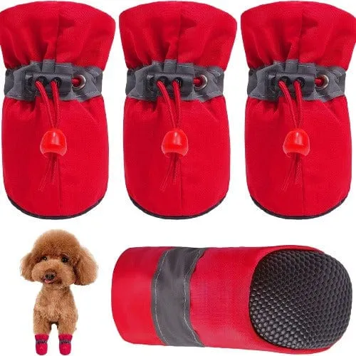 KUTKUT Dog Boots Paw Protector | Pack of 4pcs Anti-Slip Dog Shoes with Reflective Straps for Small Breed Dogs (Red)