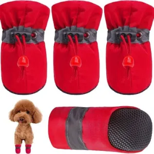 KUTKUT Dog Boots Paw Protector | Pack of 4pcs Anti-Slip Dog Shoes with Reflective Straps for Small Breed Dogs (Red)