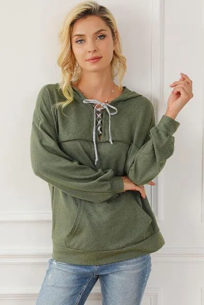 Lace-Up Exposed Seam Hoodie with Pocket