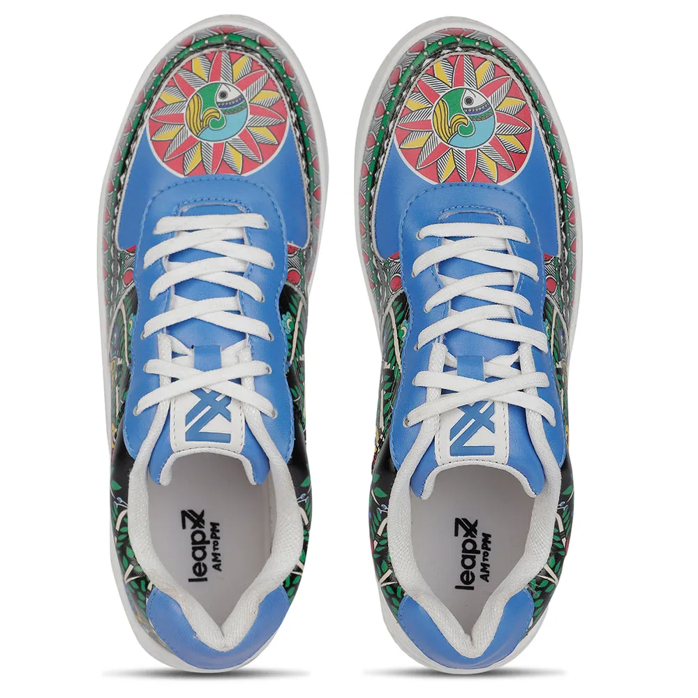 Leap7x Lacing White Madhubani Art Printed Casual Sneakers For Men MJH-M05 By Liberty