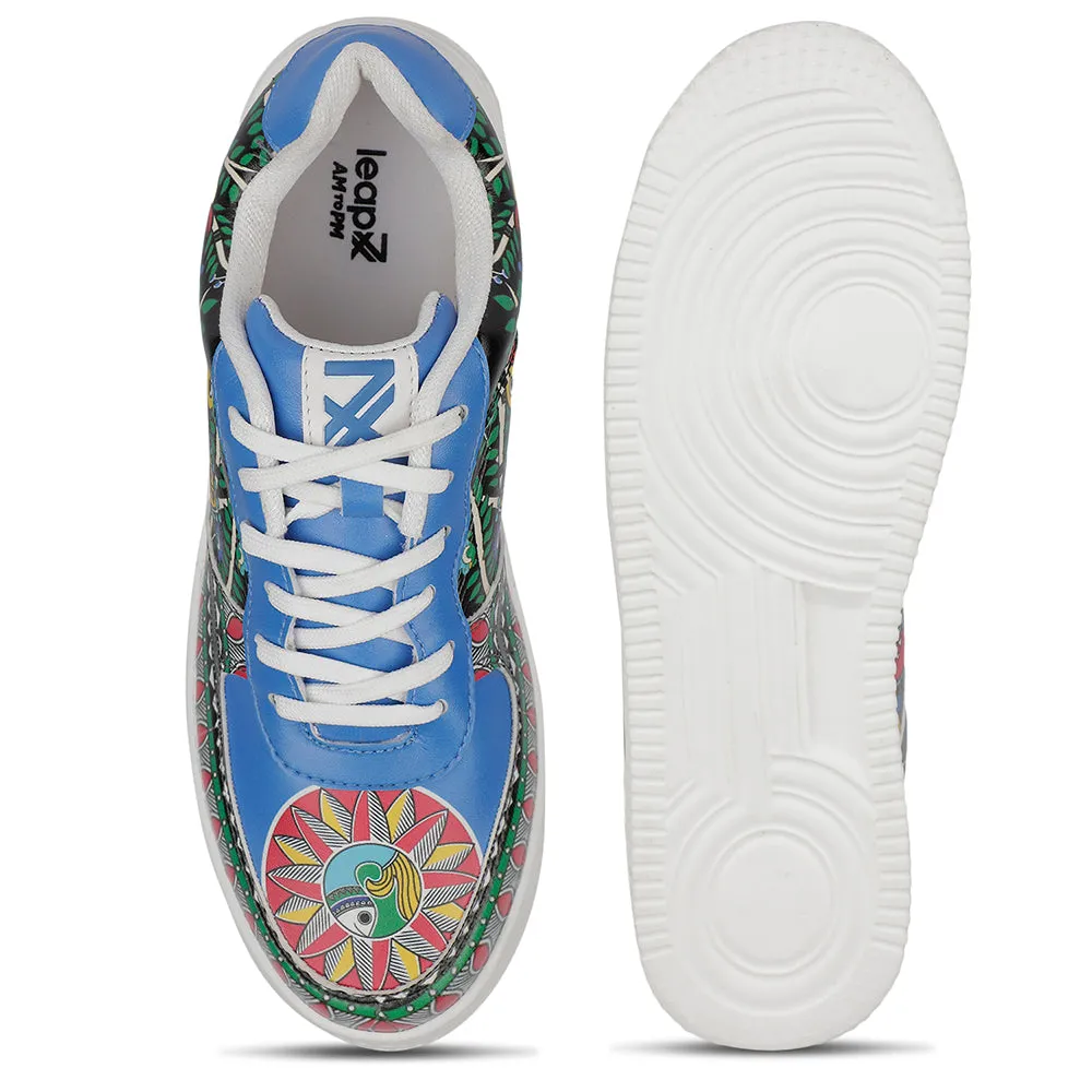 Leap7x Lacing White Madhubani Printed Casual Sneakers For Women MJH-L10 By Liberty