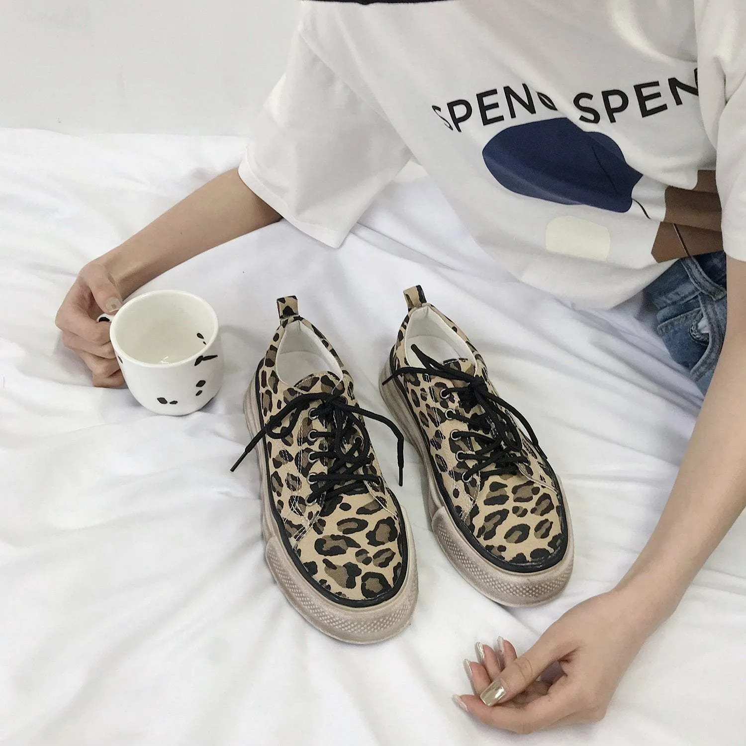 Leopard Print Flat Platform Canvas Sneakers