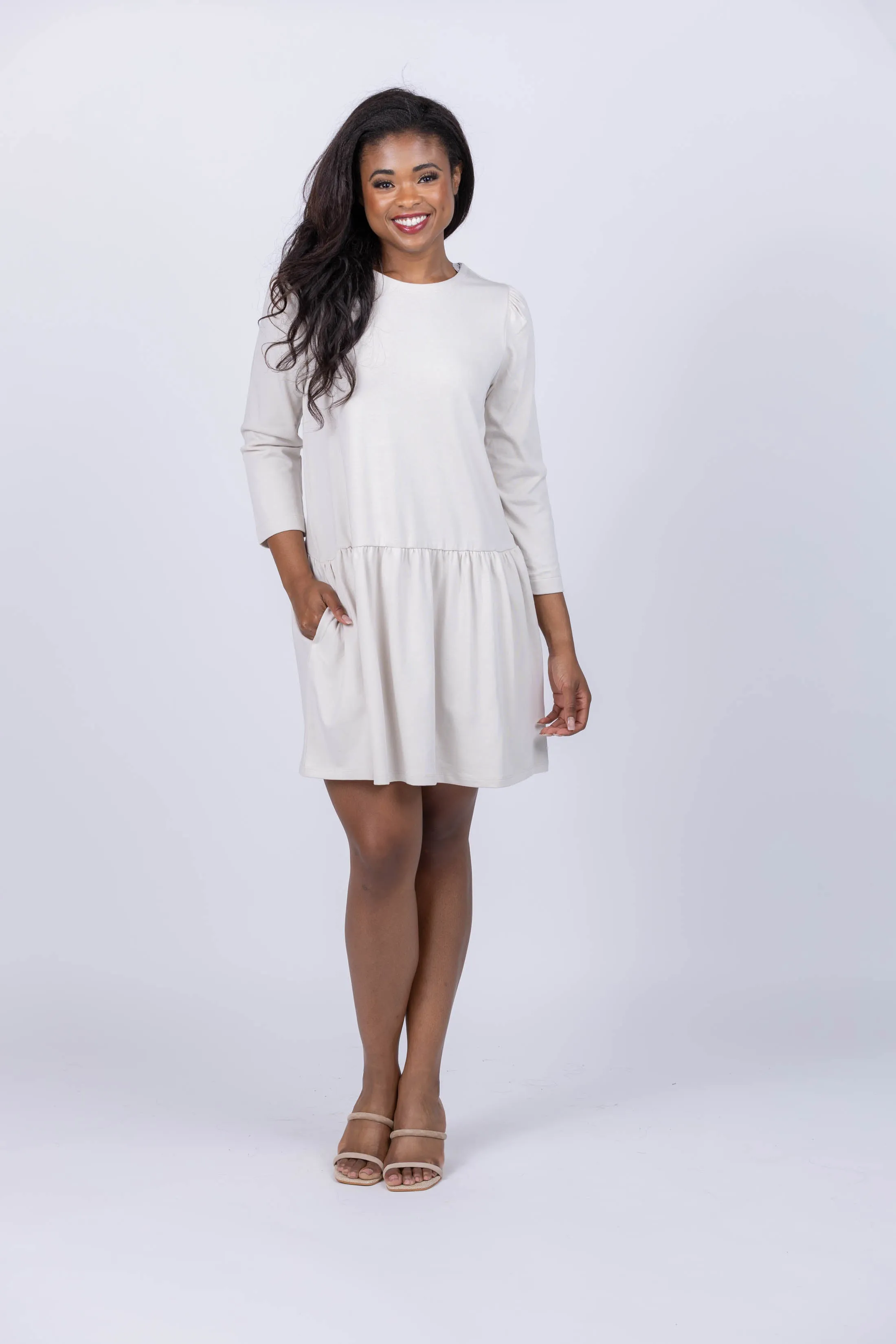 Lilla P Wide Sleeve Peplum Dress in Alabaster