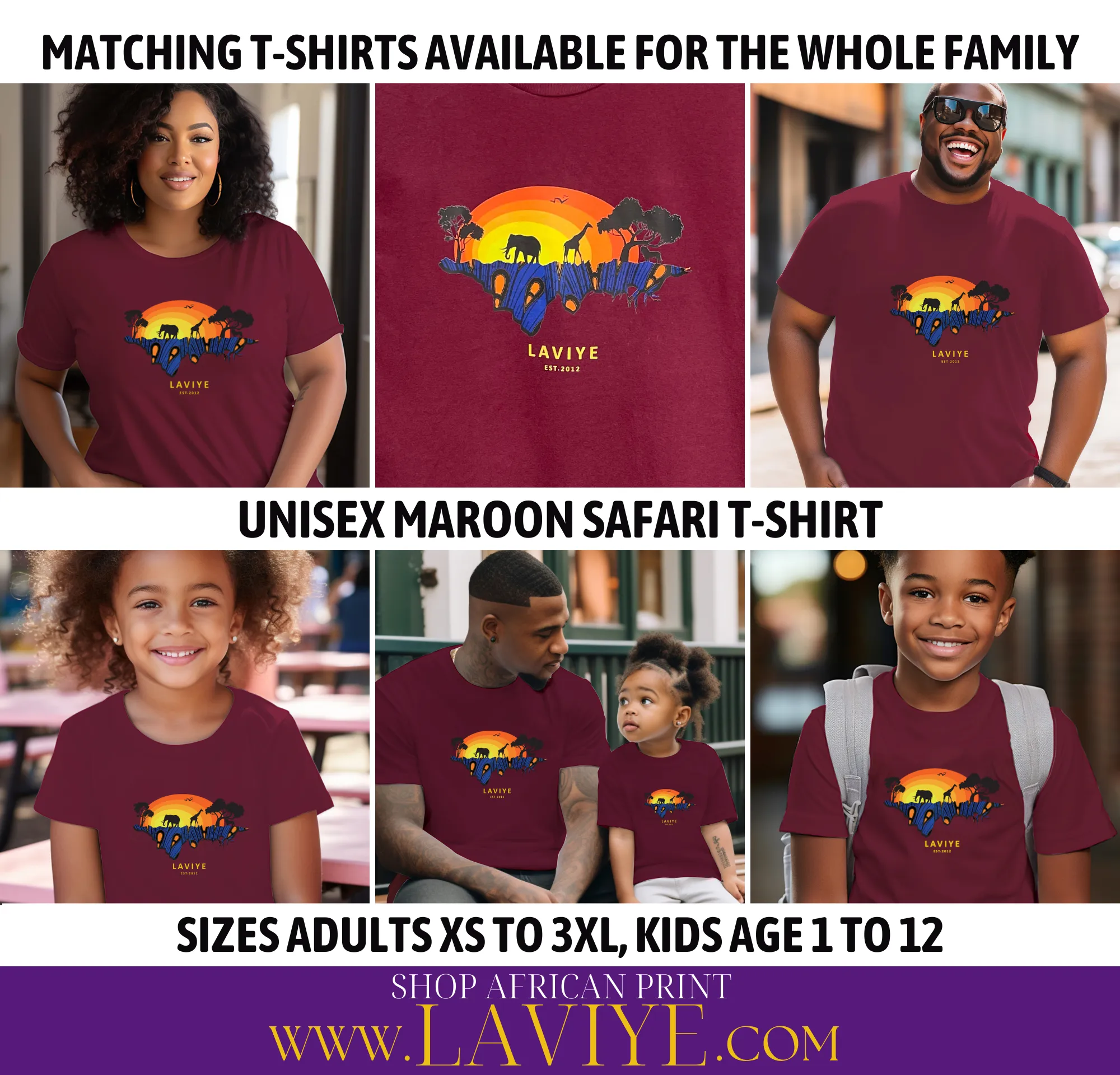 Maroon African Safari Graphic T-shirt Unisex African Print T-Shirt  | ENUGU